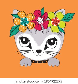 Cat with flowers on the head vector illustration. T-shirt graphics design for girls.