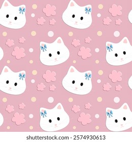 Cat, Flowers on pink background, Cartoon pattern, Fabric pattern, Gift wrapping paper, Notebook cover , seamless pattern 