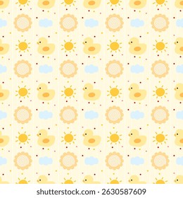 Gato, flores sobre un fondo amarillo, fondo, patrón de tela, papel de regalo, patrón transparente 