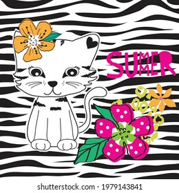 Gato con flores en la ilustración vectorial de fondo del patrón de cebra.