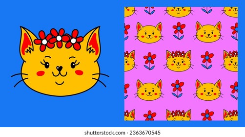 Cat flowers print and seamless pattern. Colorful funny endless background for pets, kids, apparel, fabric, textile. Repeat vector illustration in 90s style