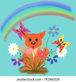 Cat, flowers and a rainbow. Illustration. Elements for design greeting cards. Happy birthday