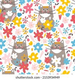 cat and flowers seamless pattern. Summer background. Print for printing on wallpaper, fabric, packaging. Vector illustration, hand drawn