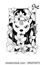 Cat and flowers - spring vector illustration black and white  narcissus