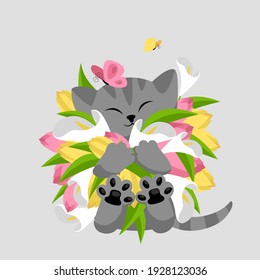 cat with flowers. vector greeting card with a cute kitten and a bouquet of flowers