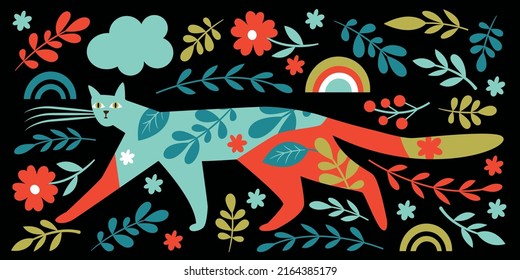 Cat  and flowers, vector illustration