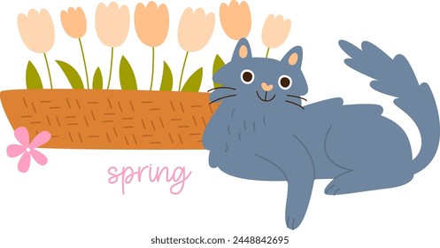 Cat And Flowers Vector Illustration