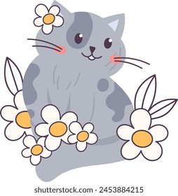 Cat With Flowers Vector Illustration