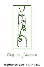 cat in flowers vector illustration hand drawing outline text