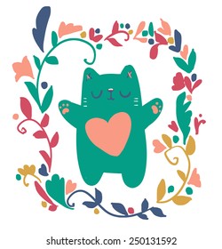 cat with flowers vector illustration. cat,    cat spring,  flowers,  cute cat,  funny cat.