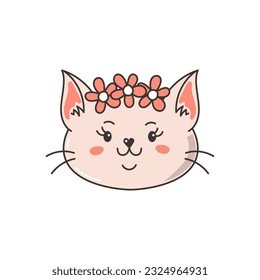 Cat with flowers wreath. Cute female cat portrait. Cartoon smiling kitten with flowers on head. Pet vector illustration.