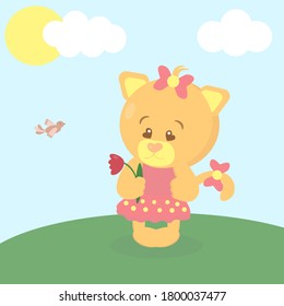 Cat with flowers in yellow and orange.