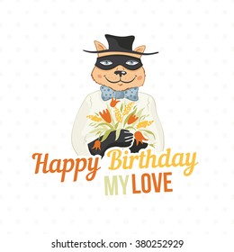 Cat with flowers.Happy birthday greeting card 