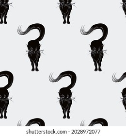 Cat with a fluffy tail - black and white pattern - vector. Halloween party banner. Animal world