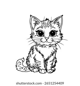 Um gato com uma cauda macia, um esboço com tinta preta e branca. Ilustração vetorial. Gatinho engraçado, isolado em um fundo branco. Desenho de estilo simples para cartões postais, decoração infantil, têxteis