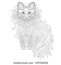 Cat with Fluffy tail in zentangle style. Freehand sketch for adult antistress coloring page with doodle elements. Ornamental artistic vector illustration for tattoo, t-shirt print. Animal collection.