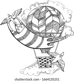 cat flying bird ballon vector