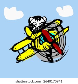 Cat Flying A Fancy Yellow Plane Cartoon