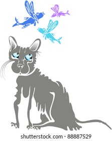 Cat and flying fishes cartoon