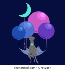 the cat is flying on balloons in the night