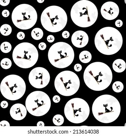 cat flying on a broom in the moonlight,cat on Witch Broomstick,Happy Halloween! Seamless pattern with pumpkins, vector illustration,