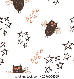 A cat flying on the wings of love, a cat a fly, around hearts, stars, cupid, declaration of love, Valentine's Day, Birthday.