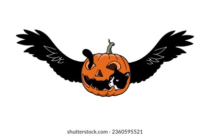 the cat in the flying pumpkin, vector illustration. 