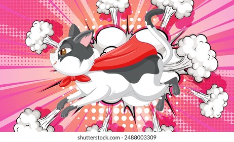 A cat flying with a red cape