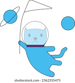 The cat is flying in space with the flag.
