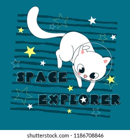 Cat flying in stars, space explorer slogan with astronaut kitten, fashion print, t shirt, clothes design