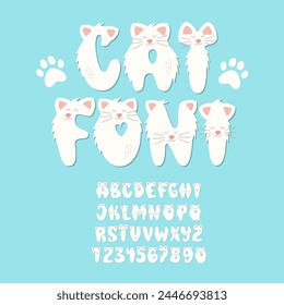 Cat Font. Cute Pet Alphabet. Kids Cartoon Animal Typography Abc. Funny Kitten Childish Letters and Numbers.