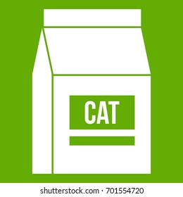 Cat food bag icon white isolated on green background. Vector illustration