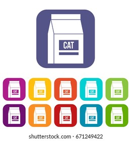 Cat food bag icons set vector illustration in flat style In colors red, blue, green and other