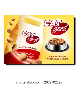 Cat Food Blank Package Promotional Banner Vector. Cat Food In Metallic Plate And Paper Bag On Advertise Poster. Nutrition Prepared From Fresh Vegetables And Fruits Style Concept Template Illustration