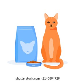 Cat food in bowl. Cat kibble in package or beg. Flat style vector 