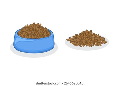 cat food in a bowl with a pile of cat food on the floor.