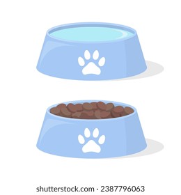 Cat food bowl with water and dry food set flat vector illustration on white background