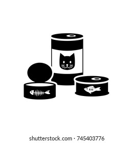 Cat Food Can And Container, Open And Closed, With Fish Bone And Cute Cat Vector Icon