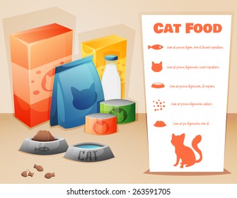 Cat food concept background with text. Vector illustration