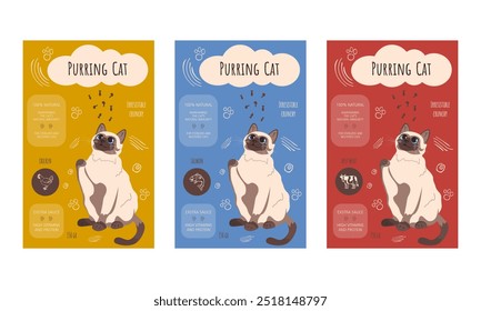 Cat food. Cute Siamese cat on the package  Products with different flavors. Rain of tasty cat food Choosing the right diet for your cat. Pet care. Vector illustration