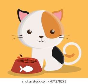 cat with food fish cartoon pet animal con. Colorful and flat design. Vector illustration