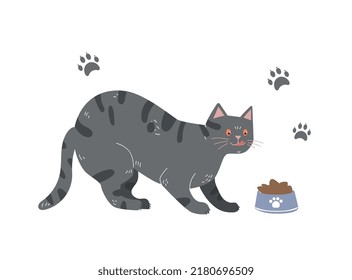 Cat with food. Gray kitten looks at bowl, sticker for social networks. Love for animals and pets, playful and charming character. Graphic element for website. Cartoon flat vector illustration