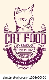 Cat Food - Hand Drawn Monochrome Label Design In Retro Style