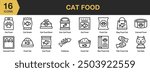 Cat Food icon set. Includes box food cat, can food, cat snack, fish bone, food cat, and More. Outline icons vector collection.