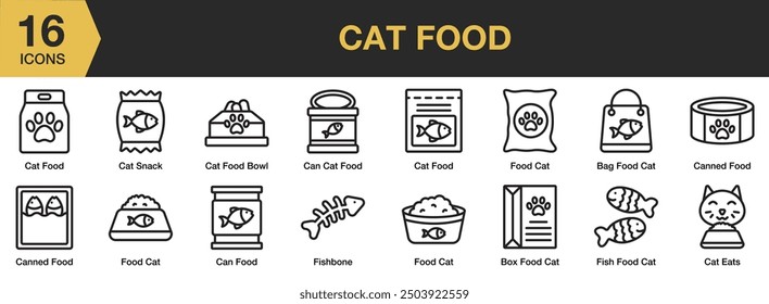 Conjunto de iconos de comida para gatos. Incluye comida de caja, comida de lata de gato, bocadillo de gato, hueso de pescado, comida de gato y más. Colección de Vector de iconos de contorno.