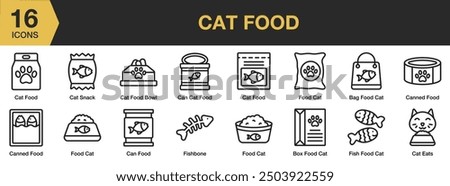 Cat Food icon set. Includes box food cat, can food, cat snack, fish bone, food cat, and More. Outline icons vector collection.