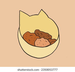 Cat food illustration image. 
Hand drawn image artwork of a cat food. 
Simple cute original logo.
Hand drawn vector illustration for posters, cards, t-shirts.