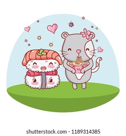 Cat and food kawaii cartoons