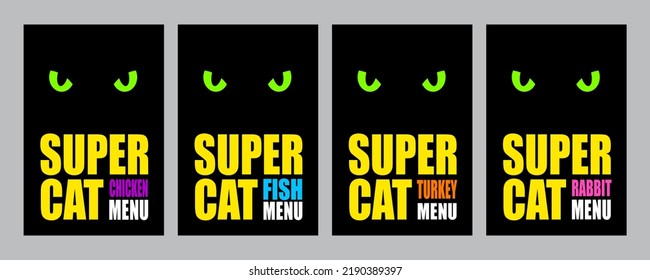 Cat Food Label. Food For Pets. Cat Eyes With Large Letters On A Black Background. Logo For Cat Meel, Pets Food, Label And Packaging.