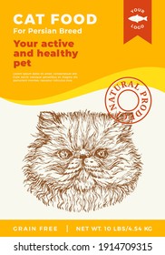 Cat Food Label Template. Abstract Vector Packaging Design Layout. Modern Typography Banner With Hand Drawn Persian Breed Face Sketch Background. Isolated.